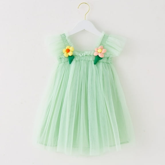 YOUSNH Carnival Toddler Girls Fly Sleeve Floral Tulle Holiday Party Dress Dance Party Princess Dresses Clothes Girls Dresses Green 4-5 Years