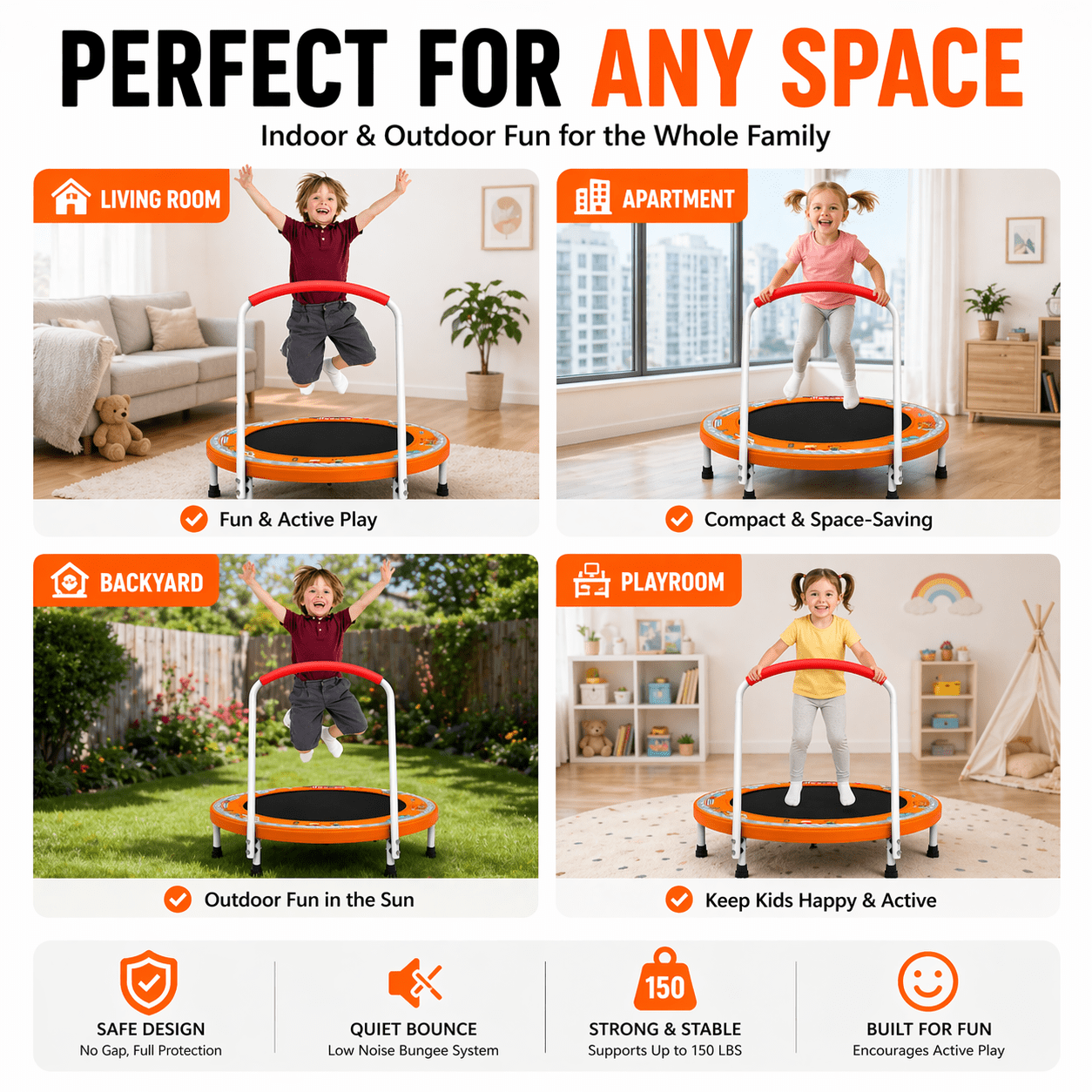 Witaxima 36" Mini Trampoline with Handle for Kids Ages 1-6, 150 lbs Max Capacity, No-Gap Safety Design with Upgraded Anti-Rollover Handle, Indoor Outdoor Bungee Toddler Trampoline, Fun Print, Orange