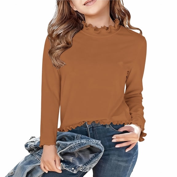 UACY Girls Soft Ruffles Thermal Shirt Long Sleeve Turtleneck Plain Undershirts Pullover Tops Kids Winter Lace Warm Clothes (Brown, 11-12 Years)