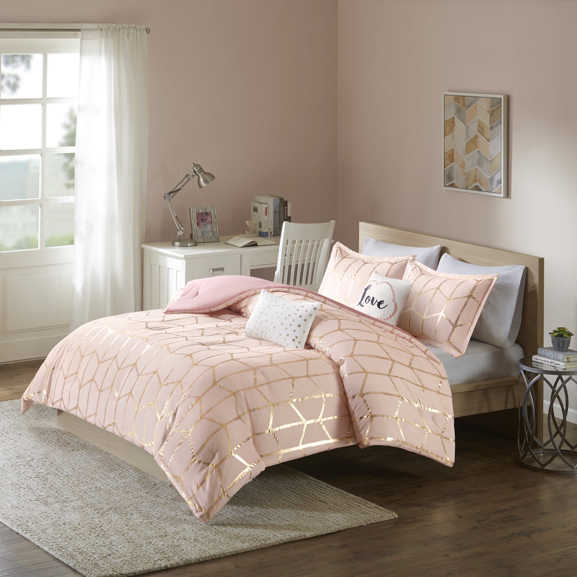 Home Essence Apartment Arielle Metallic Printed Comforter Set, Full/Queen, Blush/Gold Walmart