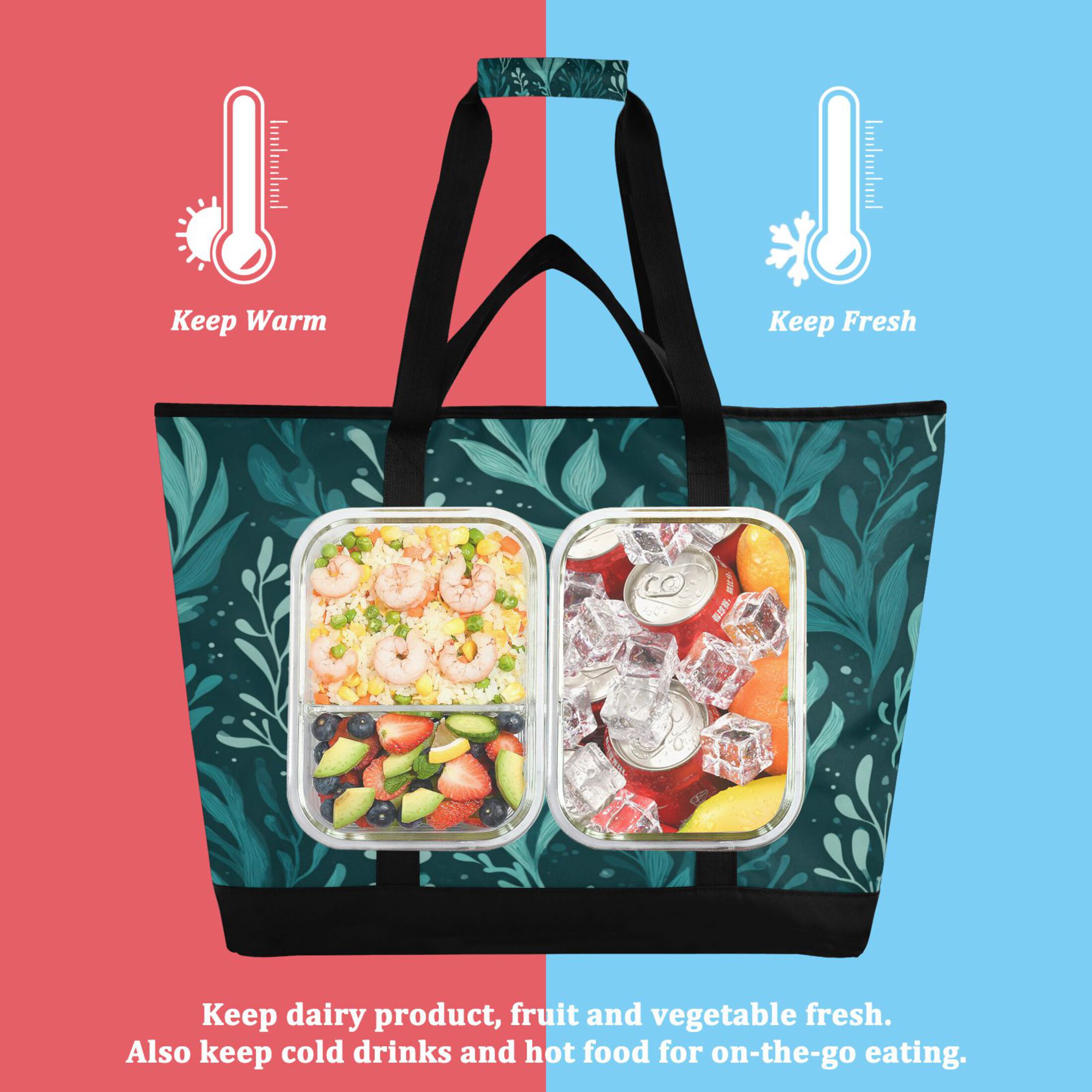 Extra-Large Wide Opening Design Capacity Hand-Held Ice Pack Thickened Insulation Layer For Long-Lasting Cold Retention For Outdoor Shopping Picnics And Camping Seaweed