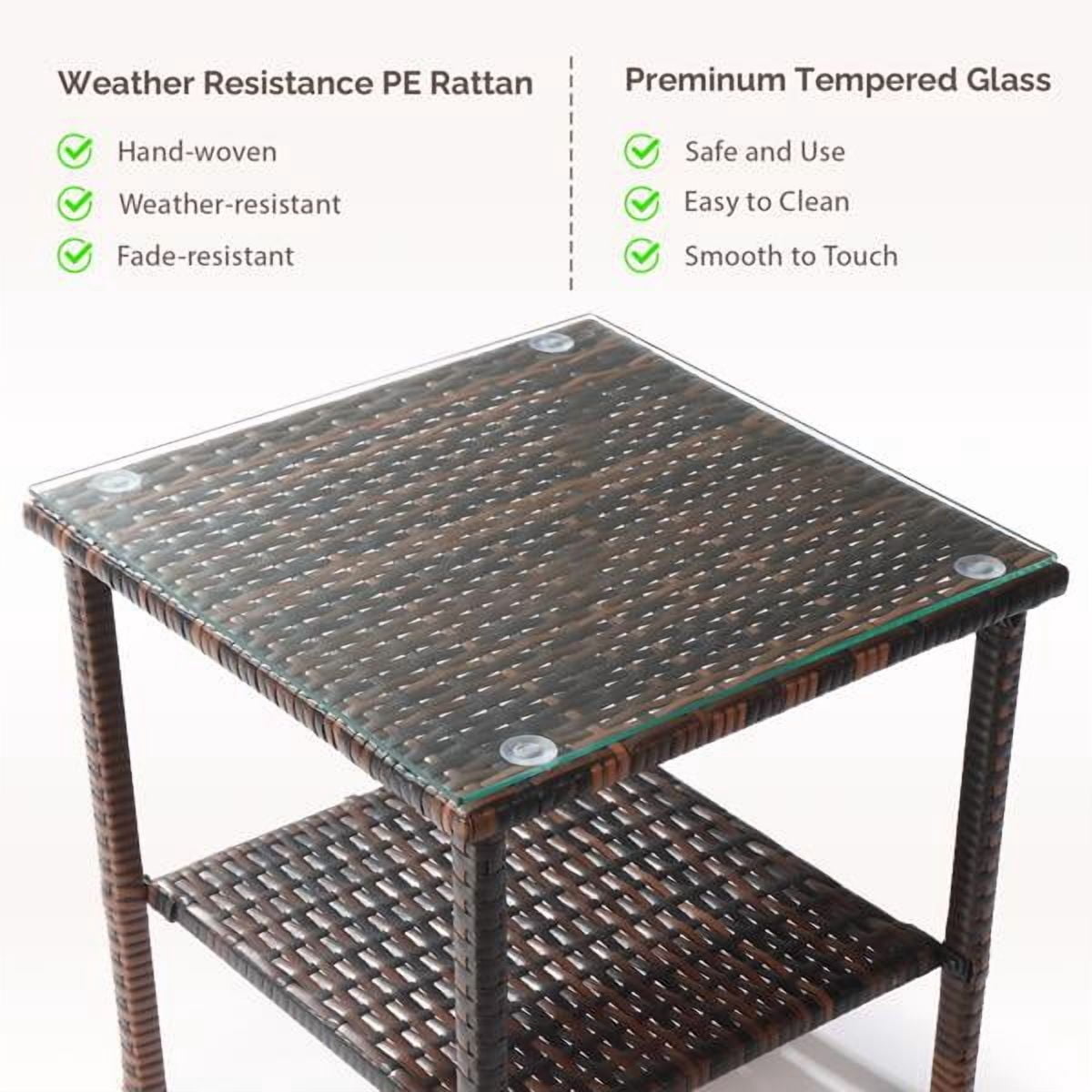 Square Double Layer Glass Top Side Table, Brown Gradient Rattan, Steel Frame, Outdoor Patio Furniture