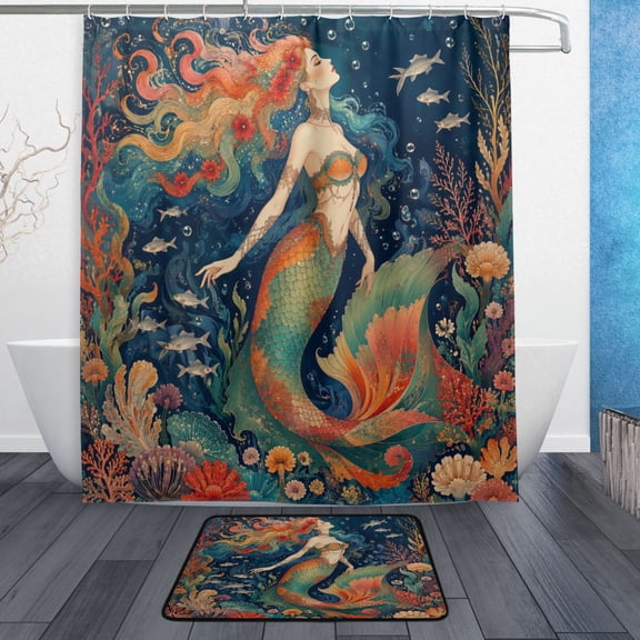 TTYFWHD 60" x 72" Shower Curtain and Bath Mat Set Bohemian Mermaid Sea Decor Waterproof Bathroom Curtain with 12 Hooks, Bathroom Decor Set