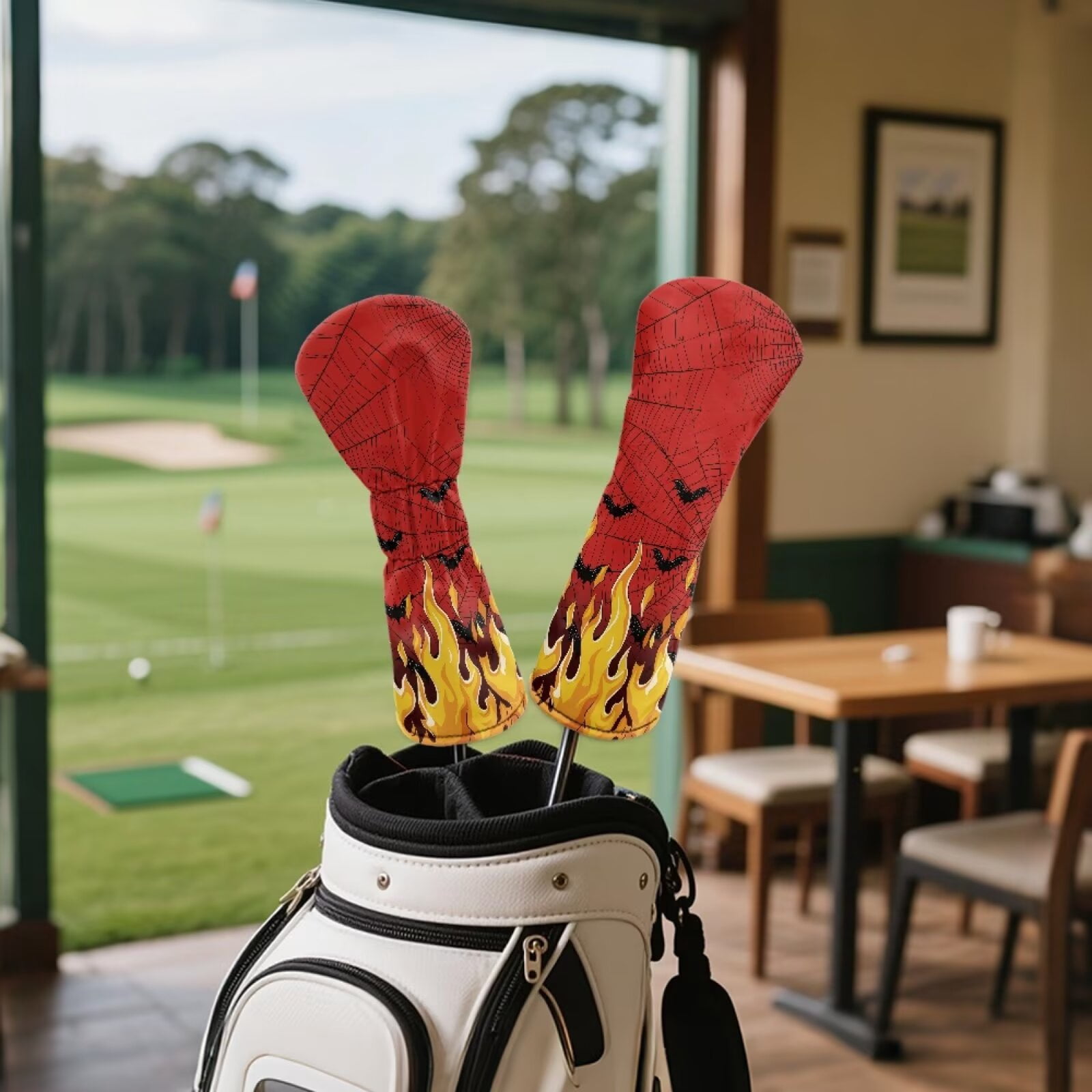 Uorisanigo Golf Club Covers Set for Driver, Fairway Wood and Hybrid Soft PU Leather Fire Red Black Bat Golf Club Head Covers, 3 Pack Set Essential Golfing Accessories, Easy to Use