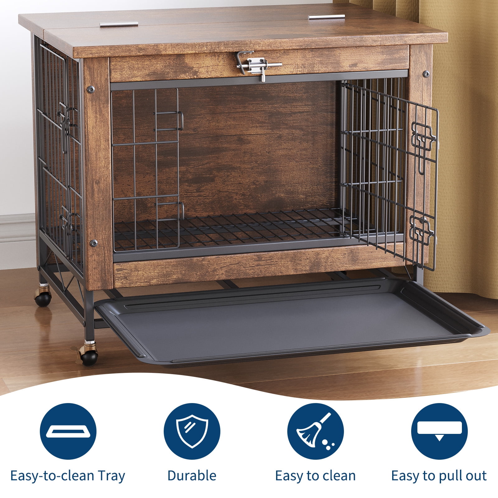 Dog Crate Furniture with 2 Doors, Indoor Small Dog Crates with Wheels, Heavy Duty Wooden Kennel Furniture, End Side Table Cage, Anti-Chew, Rustic Brown
