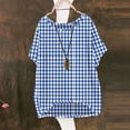 thumbnail image 4 of Women's Gingham Print Tops Crew Neck Short Sleeve Linen T-Shirt Breathable Summer Top for Going Out Vacation Blue XL, 4 of 6