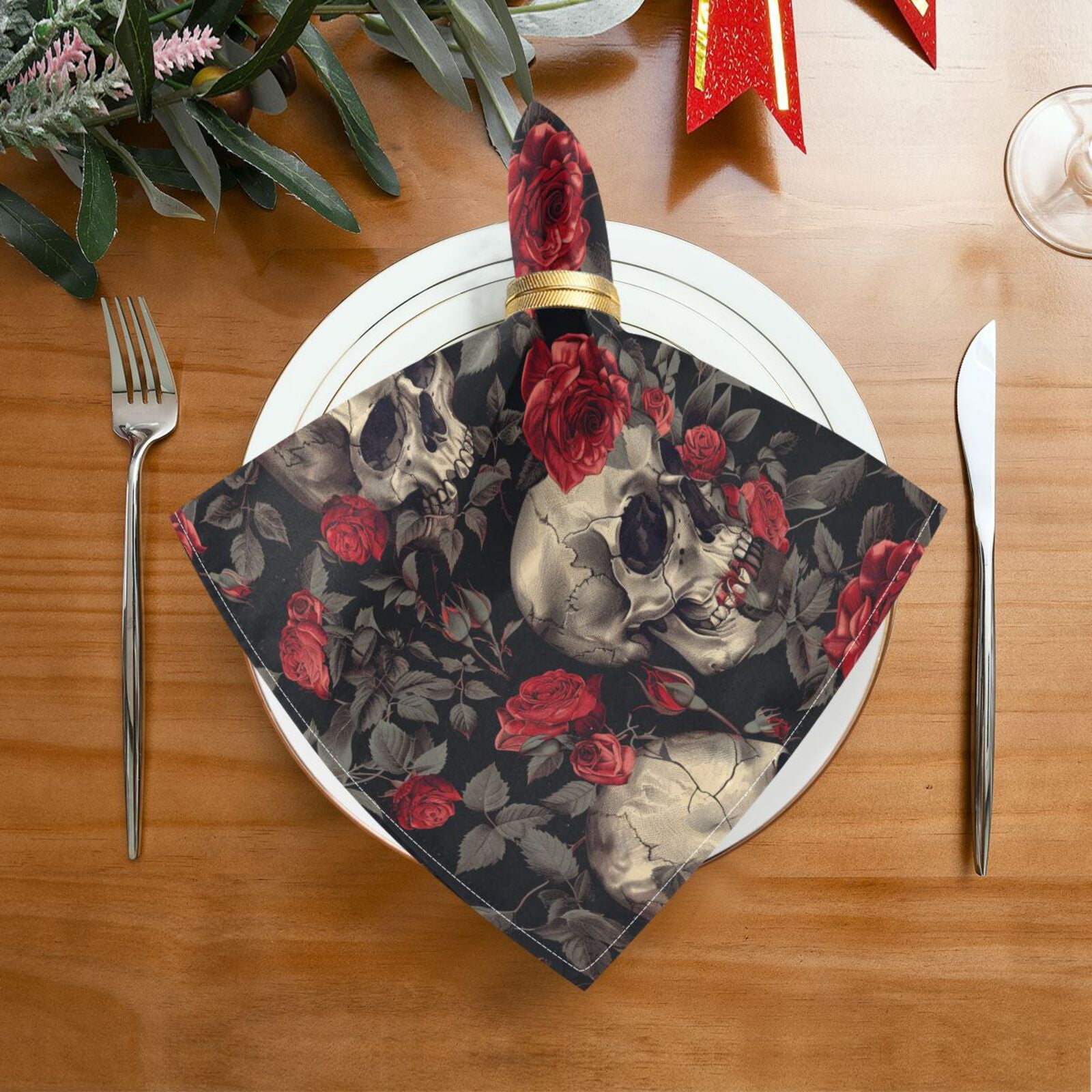 JSTEL Skull Red Rose Flower Floral Cloth Napkins Set of 6, 20x20 Inch Washable and Reusable Napkin for Decoupage Dinner Party Everyday Use