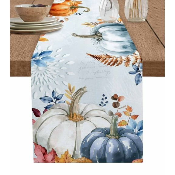 Blue Pumpkins Fall Table Runner 72 Inches, Autumn Eucalyptus Thanksgiving Vintage Bed Runner Dresser Scarves Tabletop for Indoor Outdoor Parties/Ceremony/Banquet, 18" x 72"