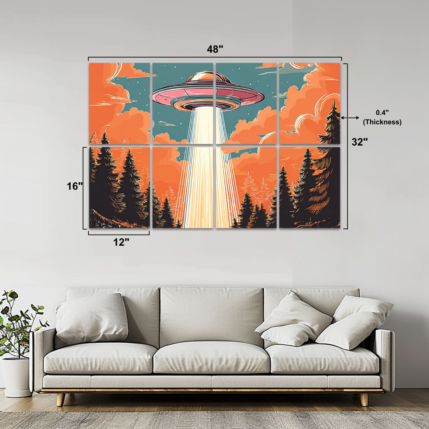 8 Pack Art Acoustic Panels UFO Beam Forest Sunset Retro Art Style Self Adhesive Sound Absorbing Panels for Home Office Studio Media Room 48"x32"