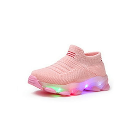 

Fangasis Boys Running Shoes Breathable Sock Sneakers Knit Upper Walking Shoe Girls Gym LED Light Mesh Pink 6C