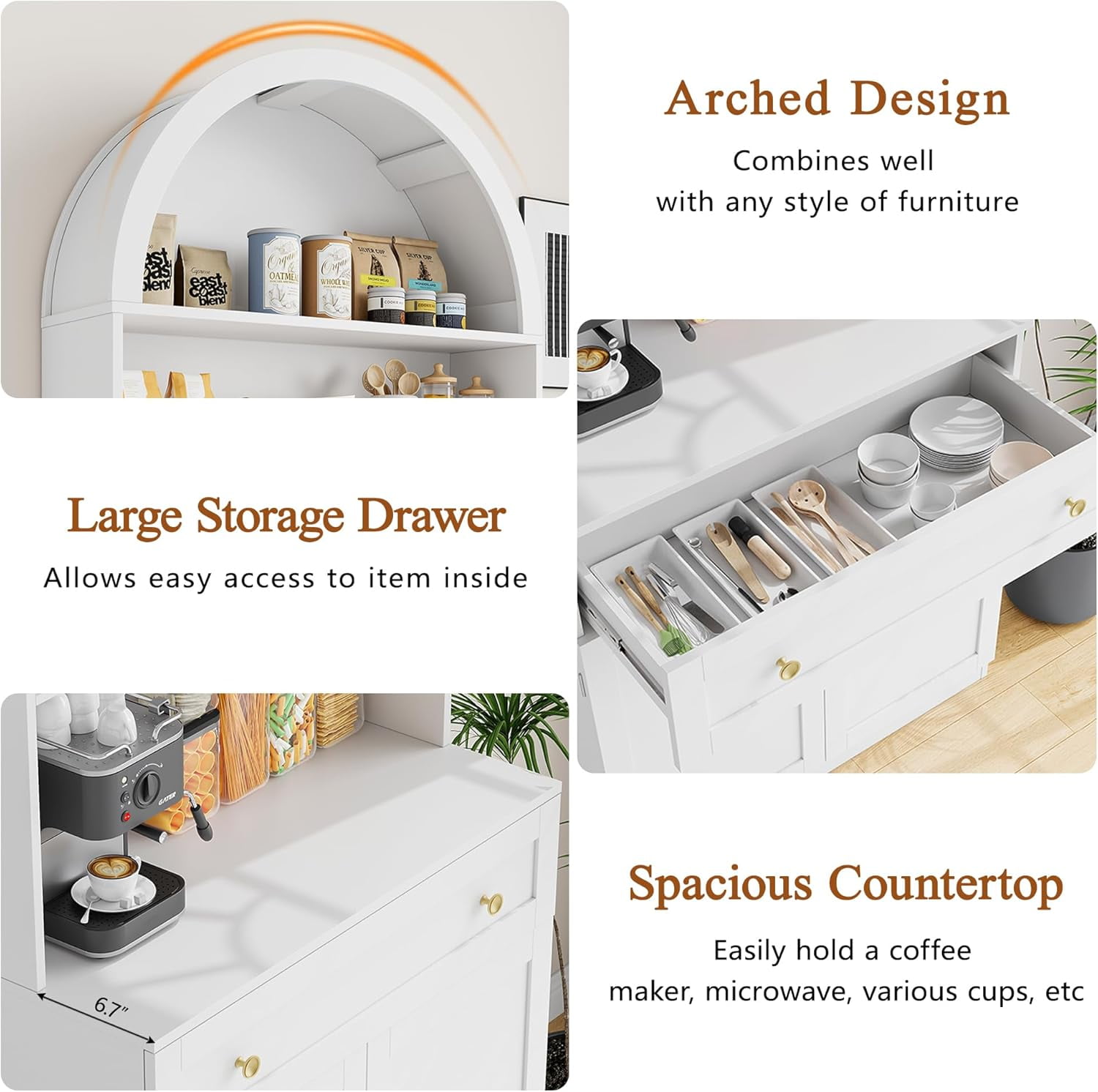 Pipleo 71" Tall Arched Kitchen Pantry Cabinet, Modern Kitchen Storage Cabinets with Hidden Drawer and Spacious Countertop, Wooden Storage Pantry Cabinet for Living Room, Dining Room