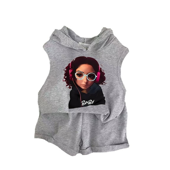 Gyexs Toddler Girls Spring Outfit Sets Sleeveless Hooded Tops Shorts 2 PC Sets Fashion Cartoon Printed Casual Summer Outfits(Toddlers, 120 4-5 Years, Grey)