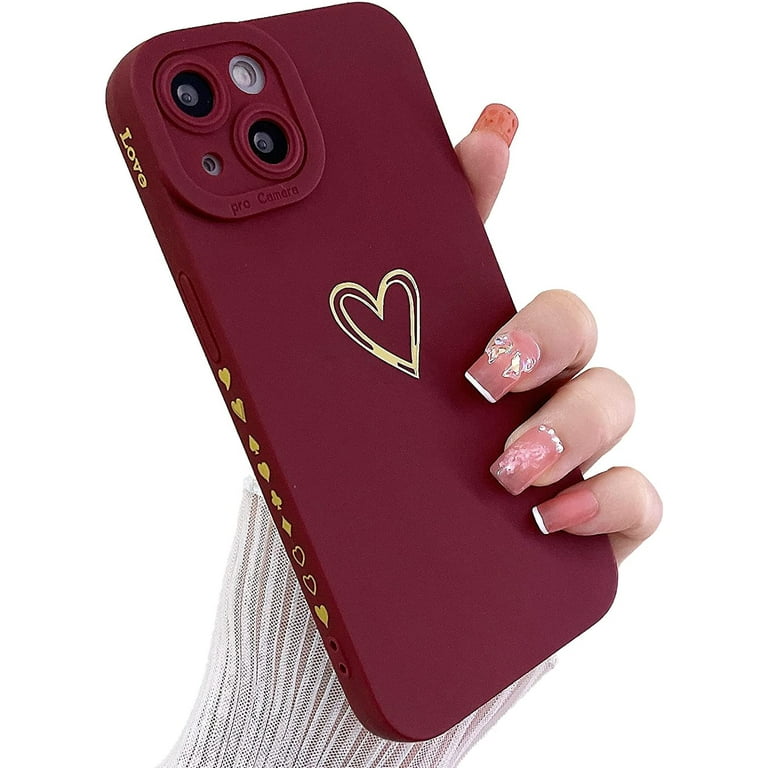 Compatible with iPhone 13 Mini Case for Women, Bronzing Luxury Heart Phone  Case Cute Side Small Pattern Soft TPU Shockproof Full Camera Lens