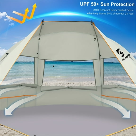 Beach Tent 3 Person Sun Shelter UPF 50  with Extended Waterproof Pe Floor & 3 Mesh Roll Up Windows Fits, Portable Beach Shade Easy Setup for Outdoor Camping, Indoor, Fishing, Yard.