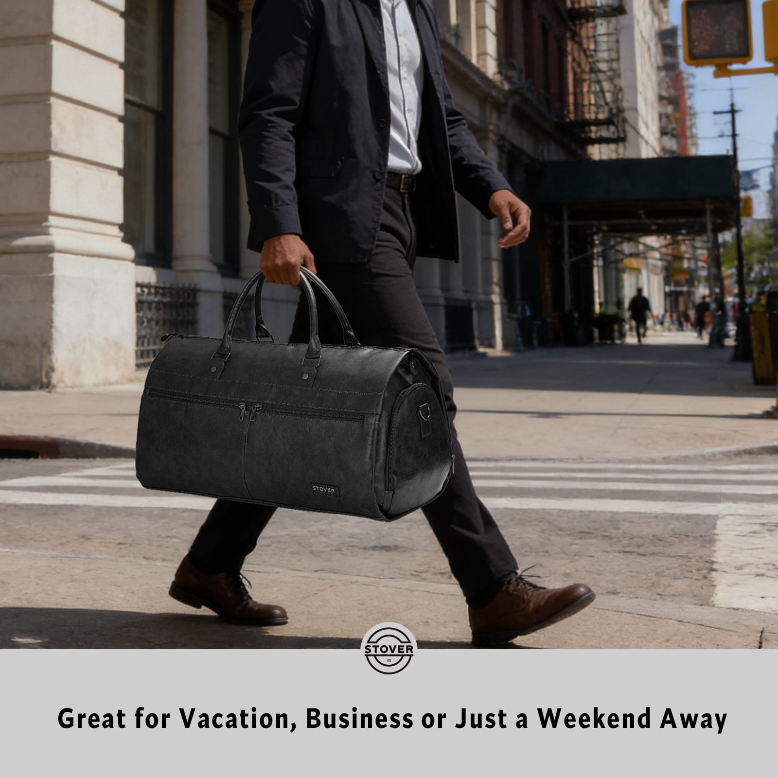 STOVER Garment Travel Duffle Bag, Large 2-in-1 Convertible Carry-on Luggage (Black Leatherette)