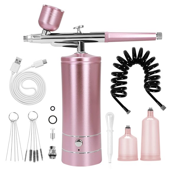 Kit de aerógrafo Kit de cepillo de aire con compresor de aire Charms de uñas Cepillo de aire inalámbrico para barbero Nail Art Cake Decor Maquillaje Modelo Pintura (Rosa - con tubo de extensión)