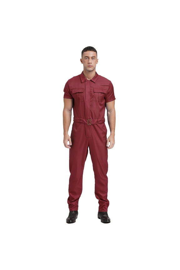 Men's Blend Work Coveralls Short Sleeve Jumpsuit Multiple Pockets Zipper Overalls Workwear Burgundy XXL