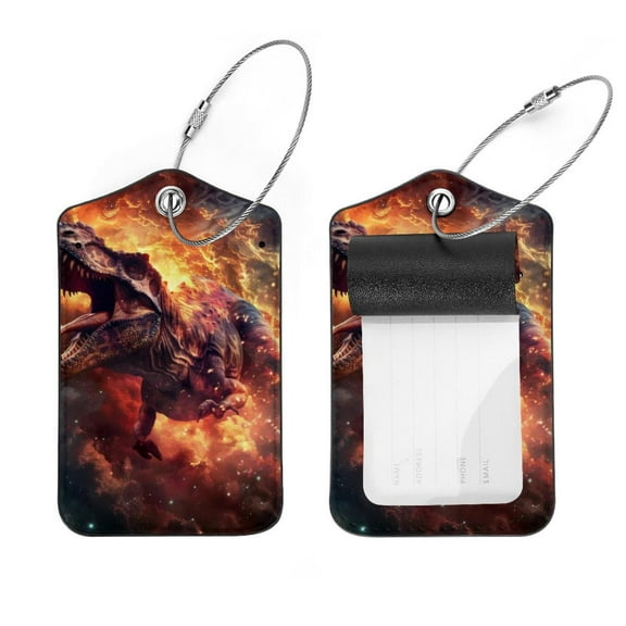 PhooArto 2 Pcs Cool Dinosaur on Galaxy Luggage Tag for Suitcases, Leather Baggage Tags Identifiers for Travel, Stainless Steel Loop Name ID Label for Women Bag Backpack