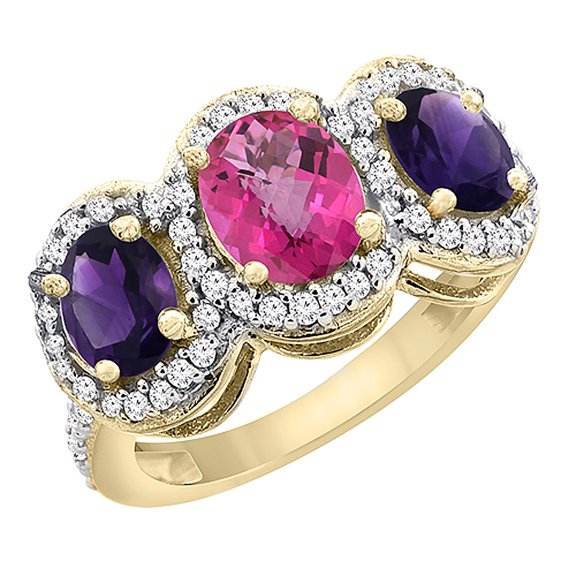 14K Yellow Gold Natural Pink Sapphire & Amethyst 3-Stone Ring Oval Diamond Accent, size 7.5