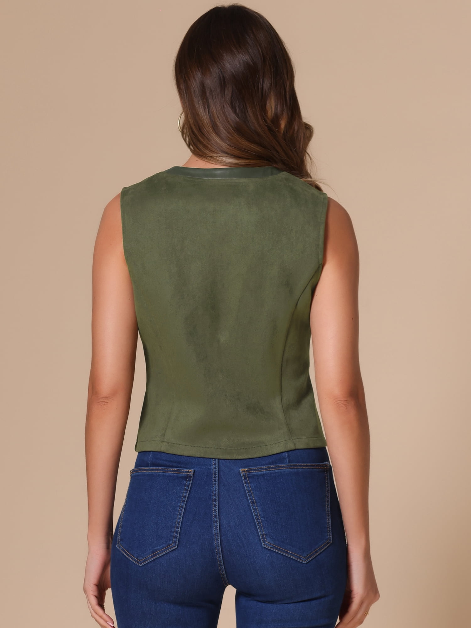 DARING DIVA Women's Vintage V Neck Faux Suede Button Down Sleeveless Jacket Vest S Army Green