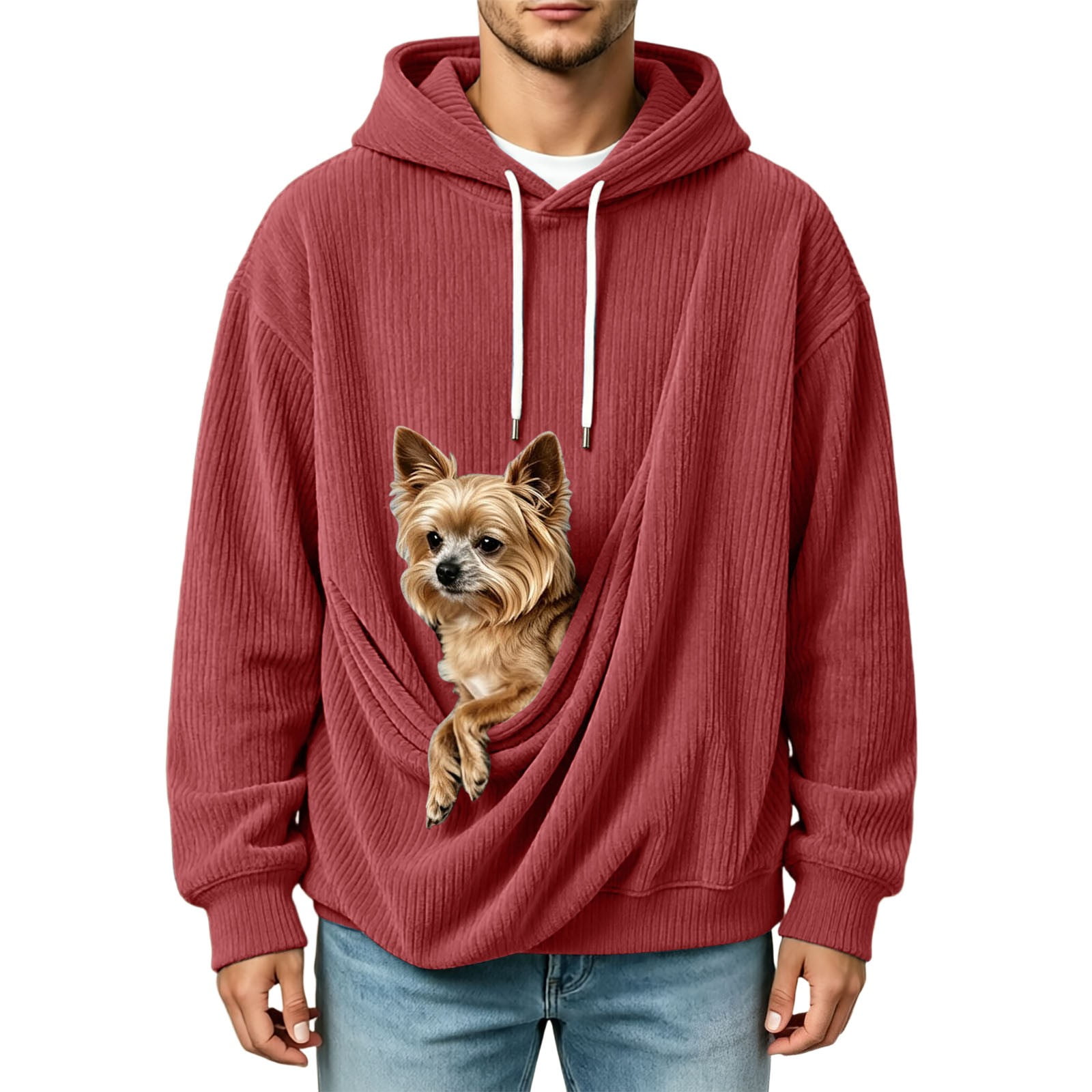 ZHOGXU Mens Hoodie Ribbed Pet Pocket Hooded Sweatshirts Streetwear Fashion Tops Workout,Brick Red,L