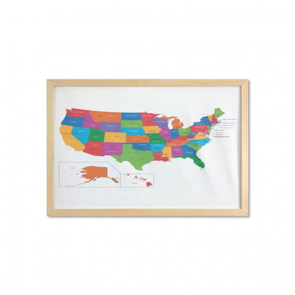 Wanderlust Wall Art with Frame, Colorful USA Map with States and Capital Cities Washington Florida Indiana Print, Printed Fabric Poster for Bathroom Living Room, 35" x 23", Multicolor, by Ambesonne