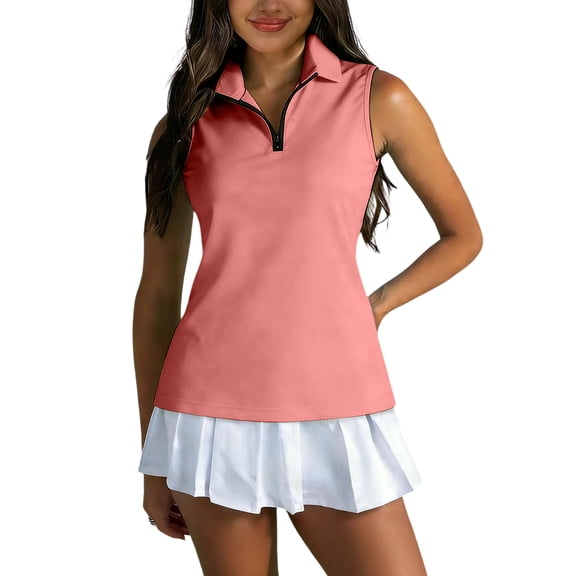 Garbnen Polo Shirt Women Collared Quarter Zip Sleeveless Women's Golf Shirts Fitted Lightweight Dressy Athletic Sports Tunic Tops for Women Red M