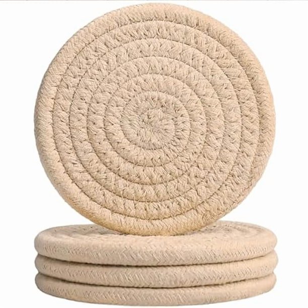 wonima44 4PC Oversized Drink Coasters Set of 4, Large Woven Cotton Coasters, Boho Neutral Absorbent Handmade Coaster, Table and Desk Decor Posavasos for Coffee Cups with giftbox (Light Khaki)