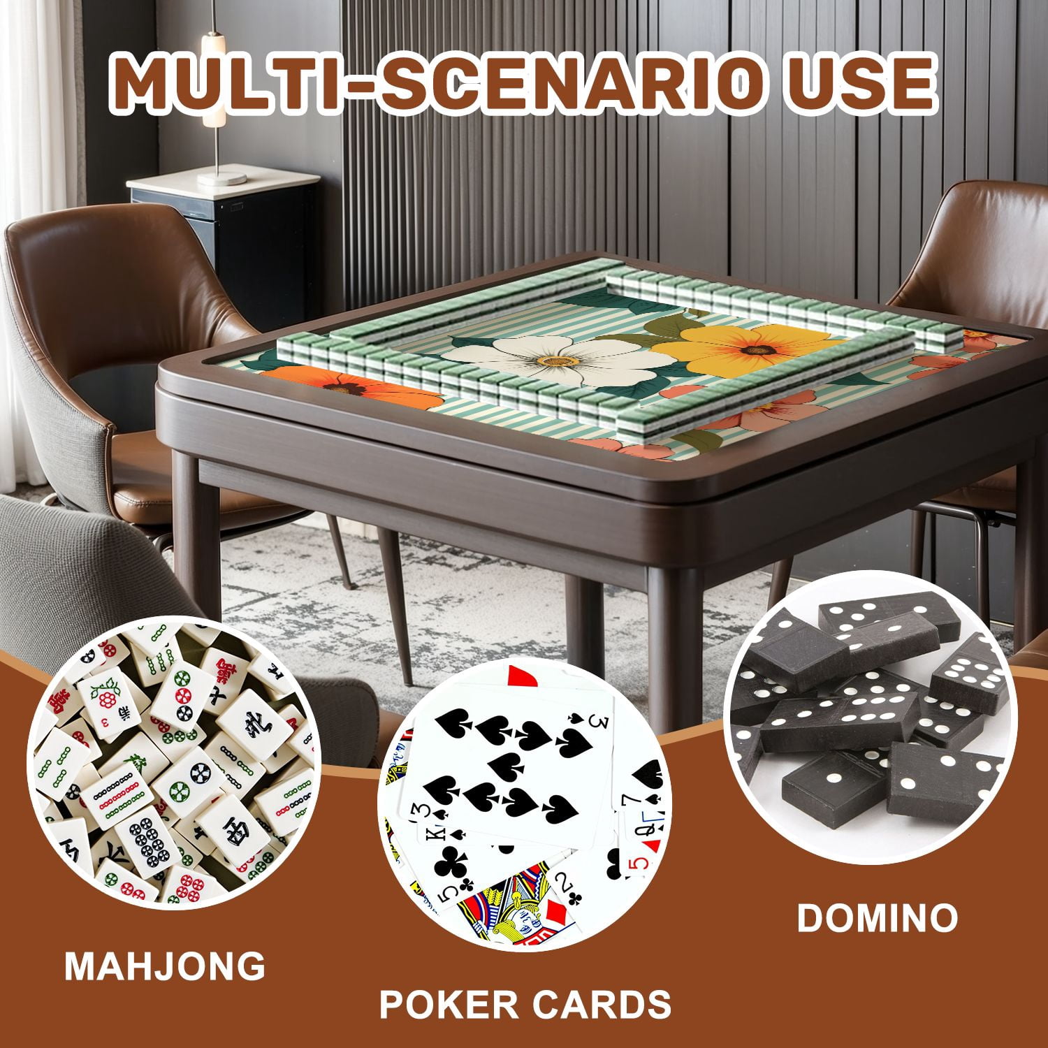 Mahjong Mat 31.5" x 31.5" Bright Floral Orange Yellow White Flowers Striped Non-Slip Noise Reduction American Mahjong Tiles Table Cover for Dominoes Poker Card Board Games Gift