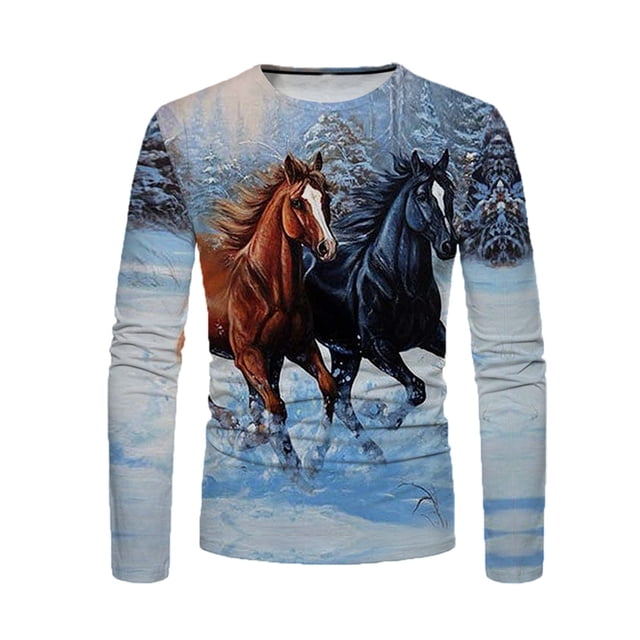 Camisas de Otoño Para Hombres Camiseta de Manga Larga Cuello Redondo Estampado de Caballos En 3D Estampados Gráficos Tops Blusa Informal Odeerbi ODB-4