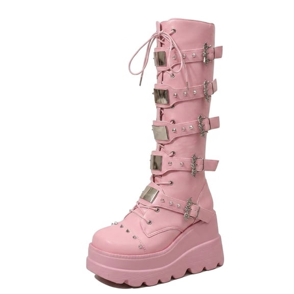 SACFOF Pink Platform Boots Over Knee Thigh High Goth Boots for Women Chunky Heel Rave Motorcycle Boots with Buckles Side Lace Boots