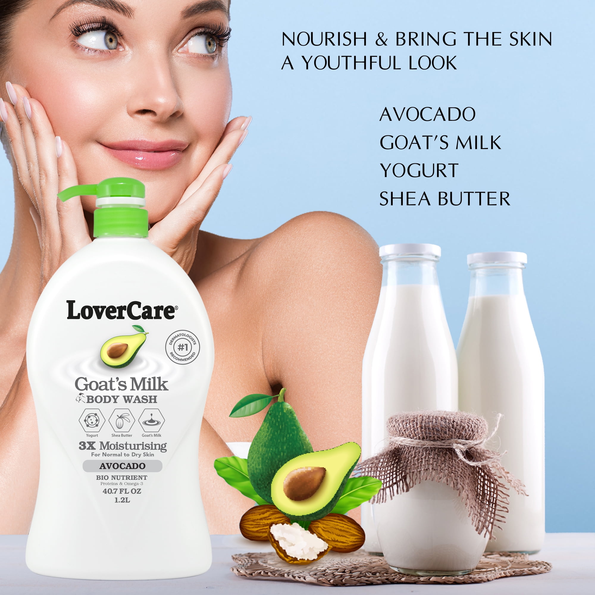 (2 pack) LoverCare Goat's Milk Body Wash 40.07oz (1200ml) - Avocado
