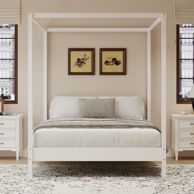 Noble House Solid Wood King Size Canopy Bed Frame Four Poster Platform Bed with Slats Support, No Box Spring Needed, White