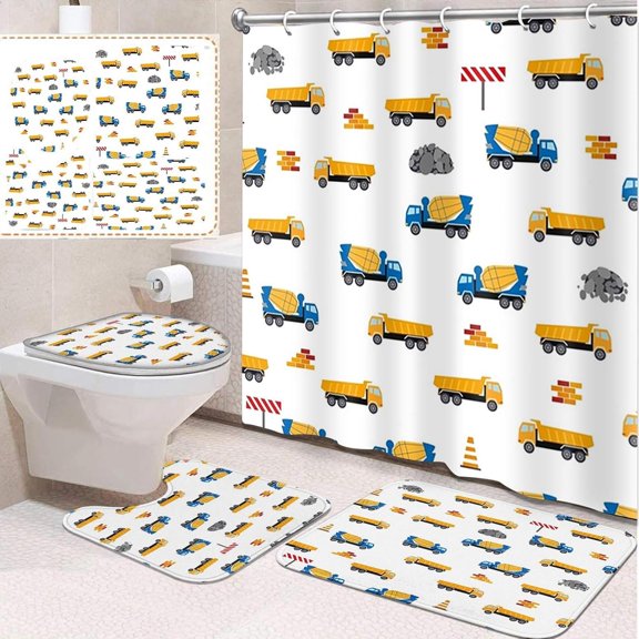 4 Pcs Bathroom Sets with Shower Curtain and Rugs, Kids Car Tractor Truck, Bathroom Decor Farm Orange Vehicle Cute Shower Curtain Sets for Bathroom Decor