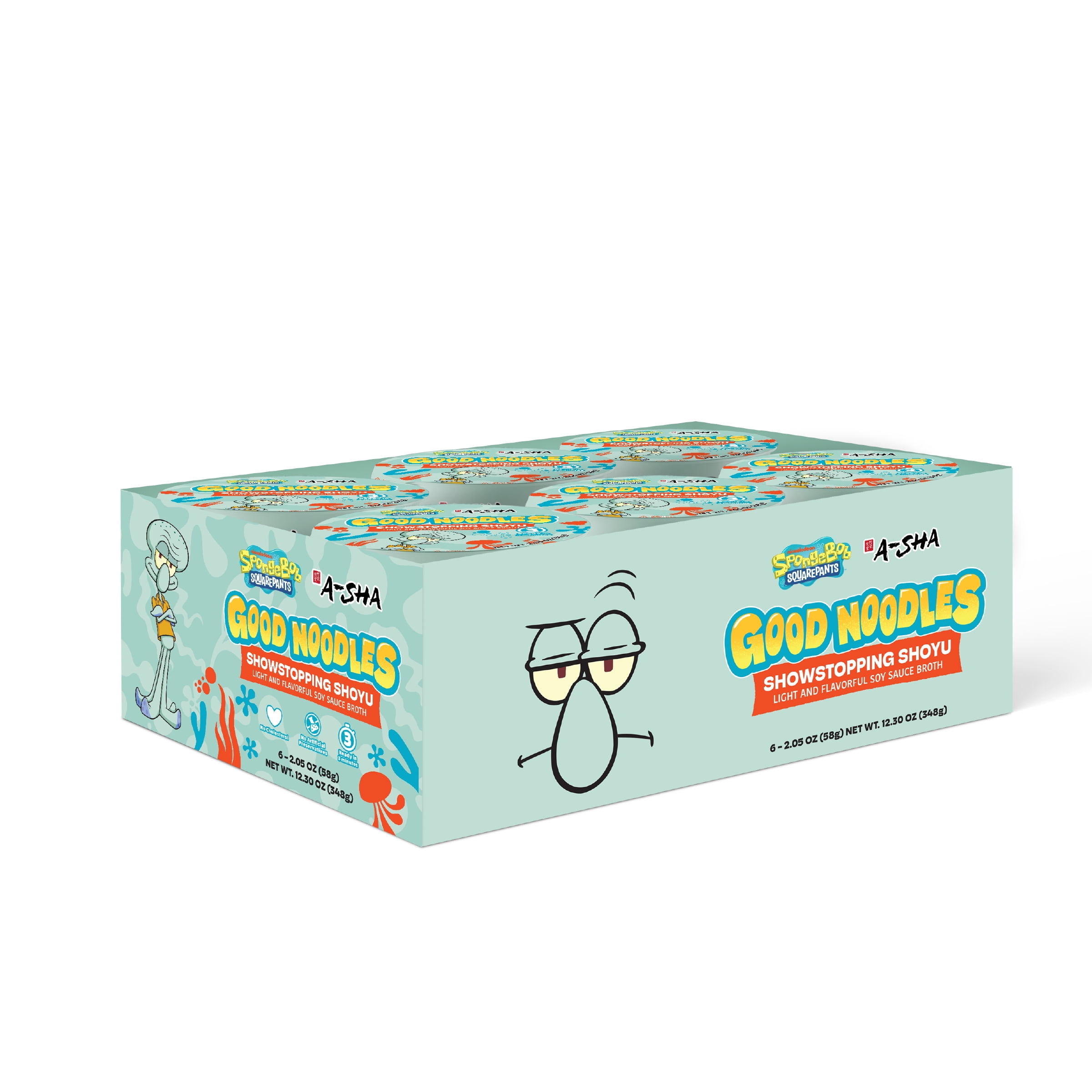 A-Sha & SpongeBob Squarepants Good Noodles (6 Pack) | Squidward Showstopping Shoyu Flavor  | Better For You Microwaveable Ramen Soup Mix