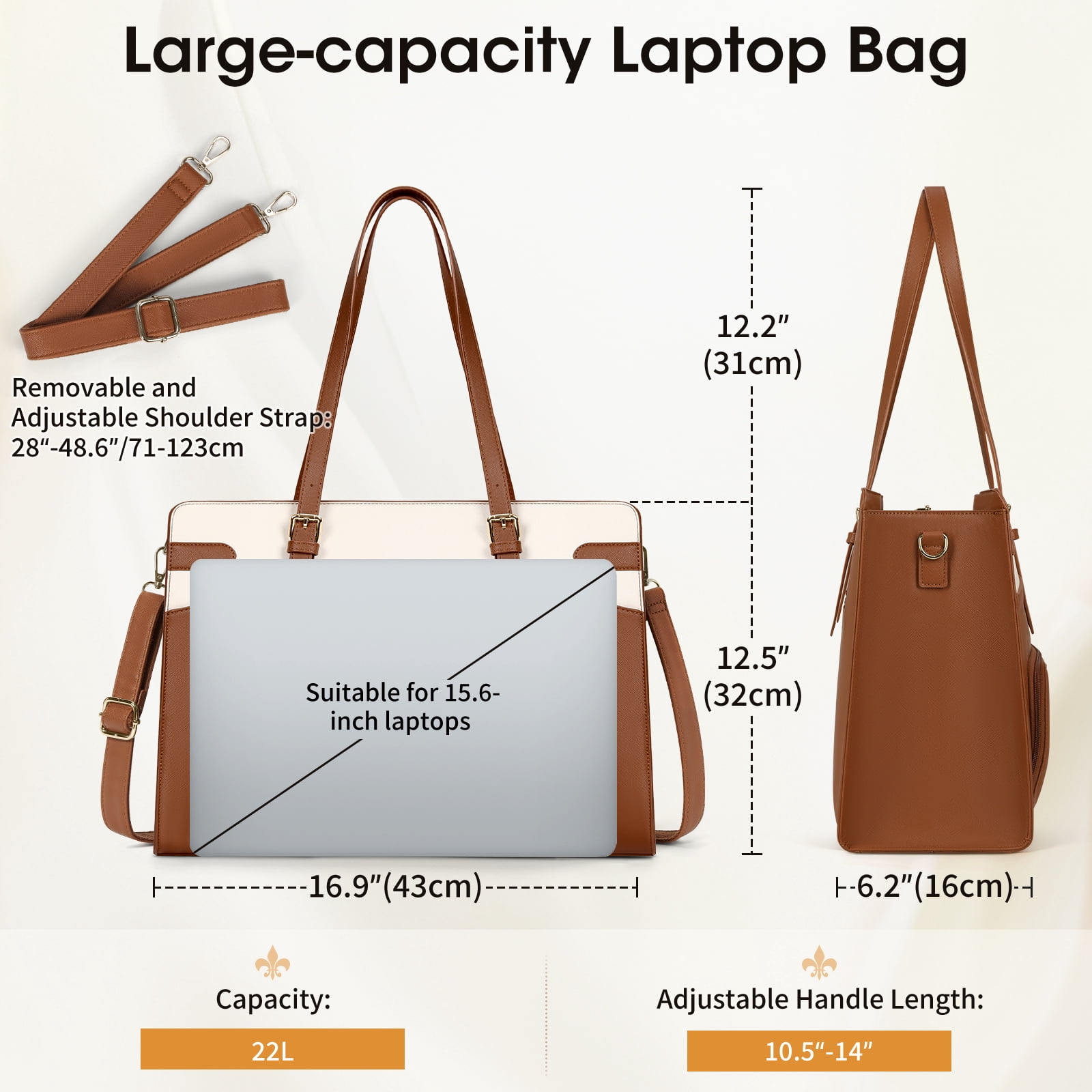 RAINSMORE 15.6 inch Lunch Tote Bag for Women Laptop Bags with Insulated Lunch Compartment Teacher Work Bag for Office Travel,BrownWhite