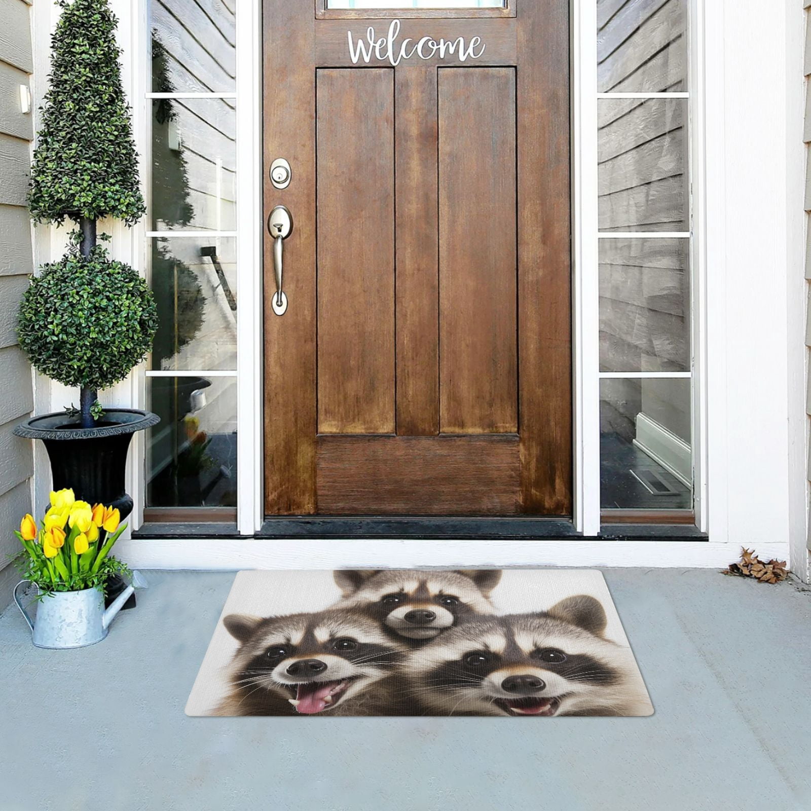 JSTEL Cute Raccoons Front Door Mat Outside Entrance 32x20 Inch Doormat for Outdoor Indoor Washable Non Slip Floor Mats