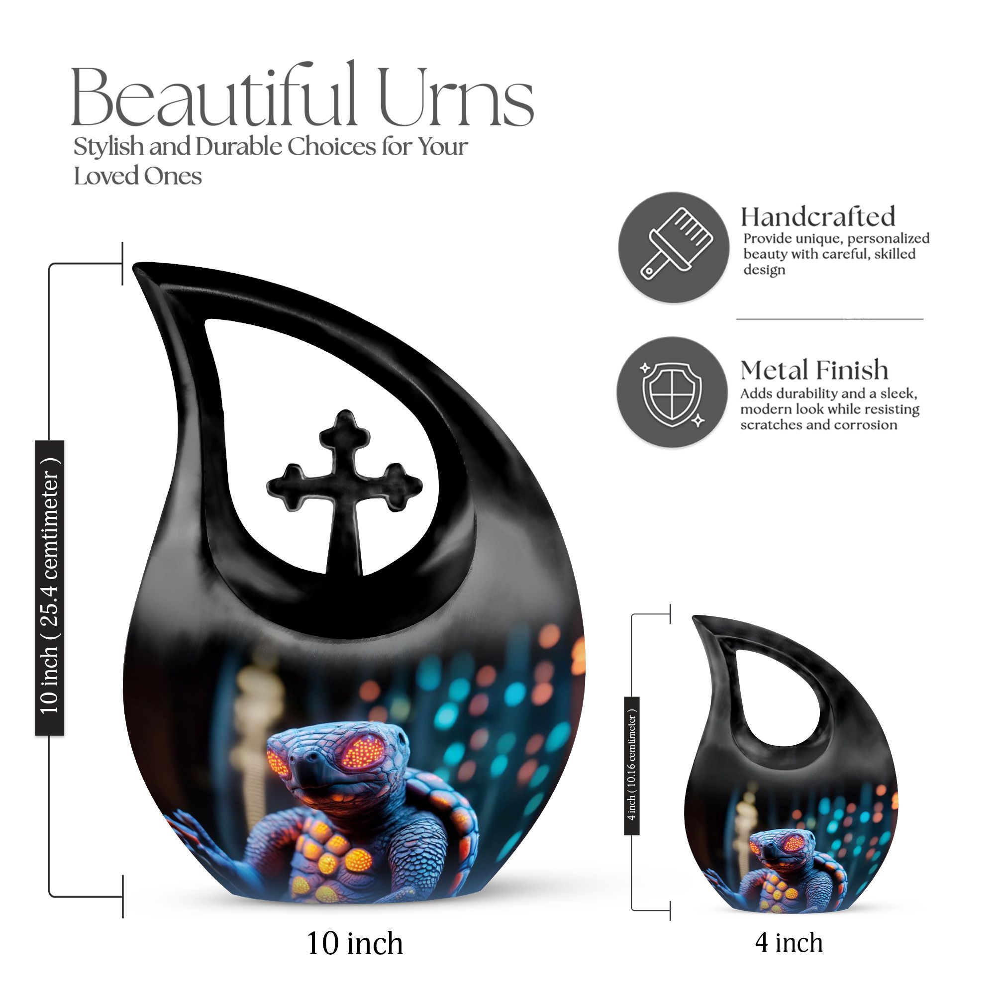 MUKTIVE Turtle Ash Urns for Humans Remains - Large Cross Drop Burial Urns for Ashes Cremation with Velvet Bag - Urn for Human Ashes Adult Male and Female - Holds 180 Cubic, 10 Inch