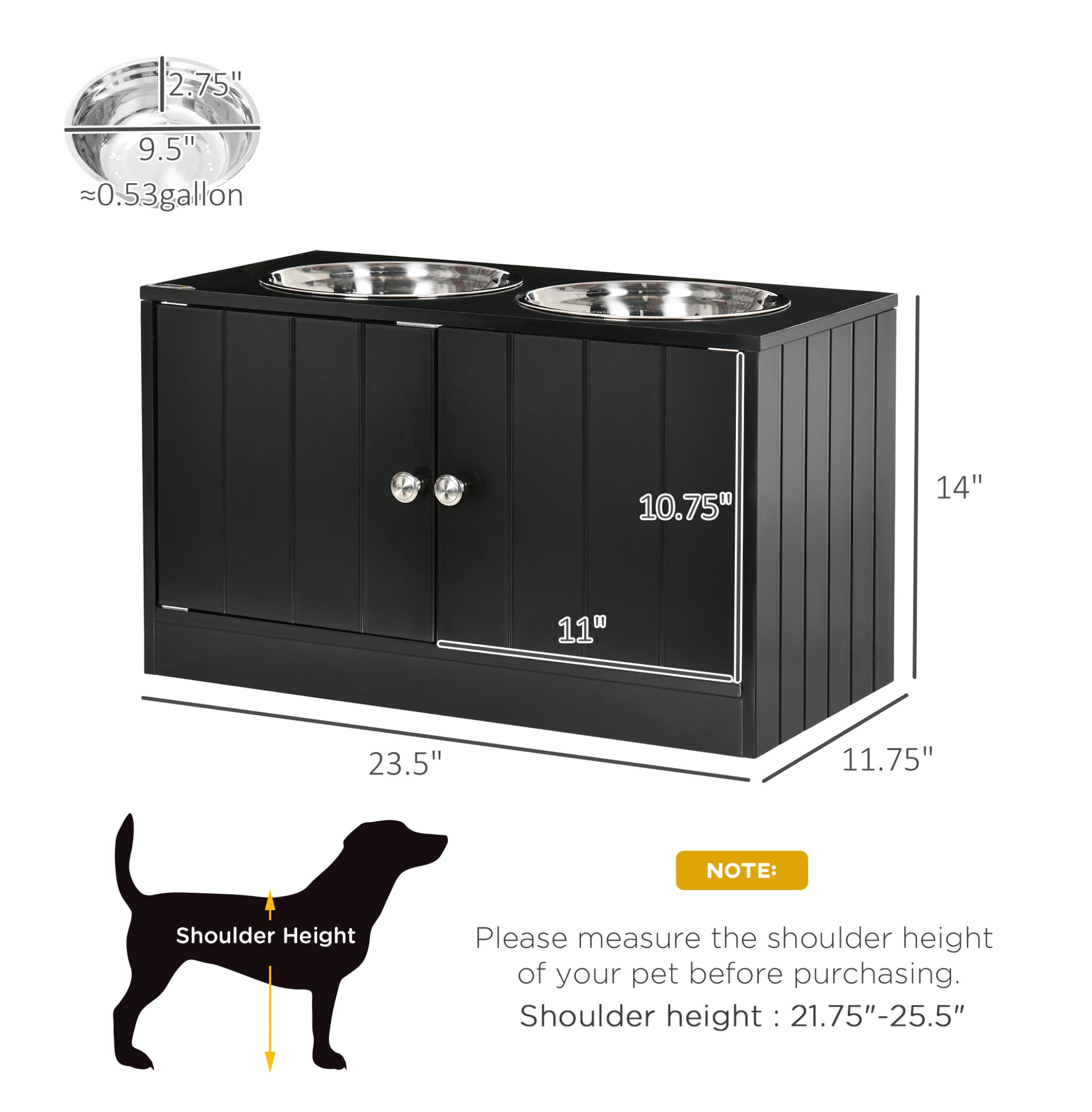 Raised Dog Bowls with Storage, 44L Pet Feeder Station, Large Stainless Steel Bowls, Elevated Dog Bowl Stand for Large Dogs, Black