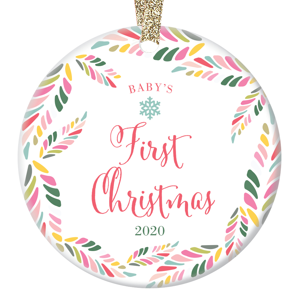 Baby Girl's 1st Christmas 2020 Ornament Infant Female Child Ceramic Collectible First Holiday Season Newborn Daughter Grandchild 3" Flat Pretty Porcelain Keepsake Gold Ribbon & Free Gift Box OR00182 - image 1 of 2