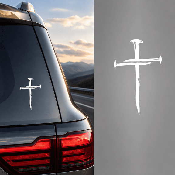 Car Cross of Nails Sticker, Bumper Christian Sign Cross with Nails Decal, Removable Waterproof Sticker for Car Truck Window Motorcycle Helmet Laptop, Car Accessories (White)