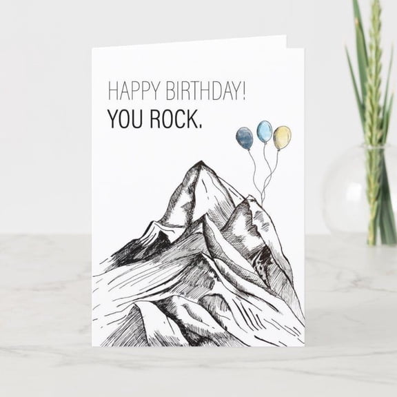 Happy Birthday Card – "You Rock" with Mountain and Balloon Design – Blank Inside for Personal Messages – Perfect Greeting Card for Friends and Family Birthdays