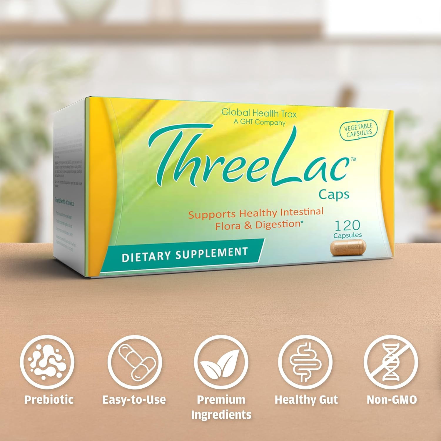 Global Health Trax ThreeLac Probiotic Capsules for Gut and Immune Health, 120 Count