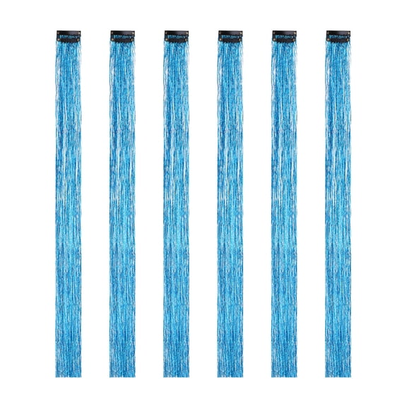 Uxcell 6 Pack Clip in Hair Tinsel Kit, 17.7 Inch Sparkle Fairy Hair Extensions Clips Heat Resistant Colorful Glitter Hair Accessories for Women, Lake Blue