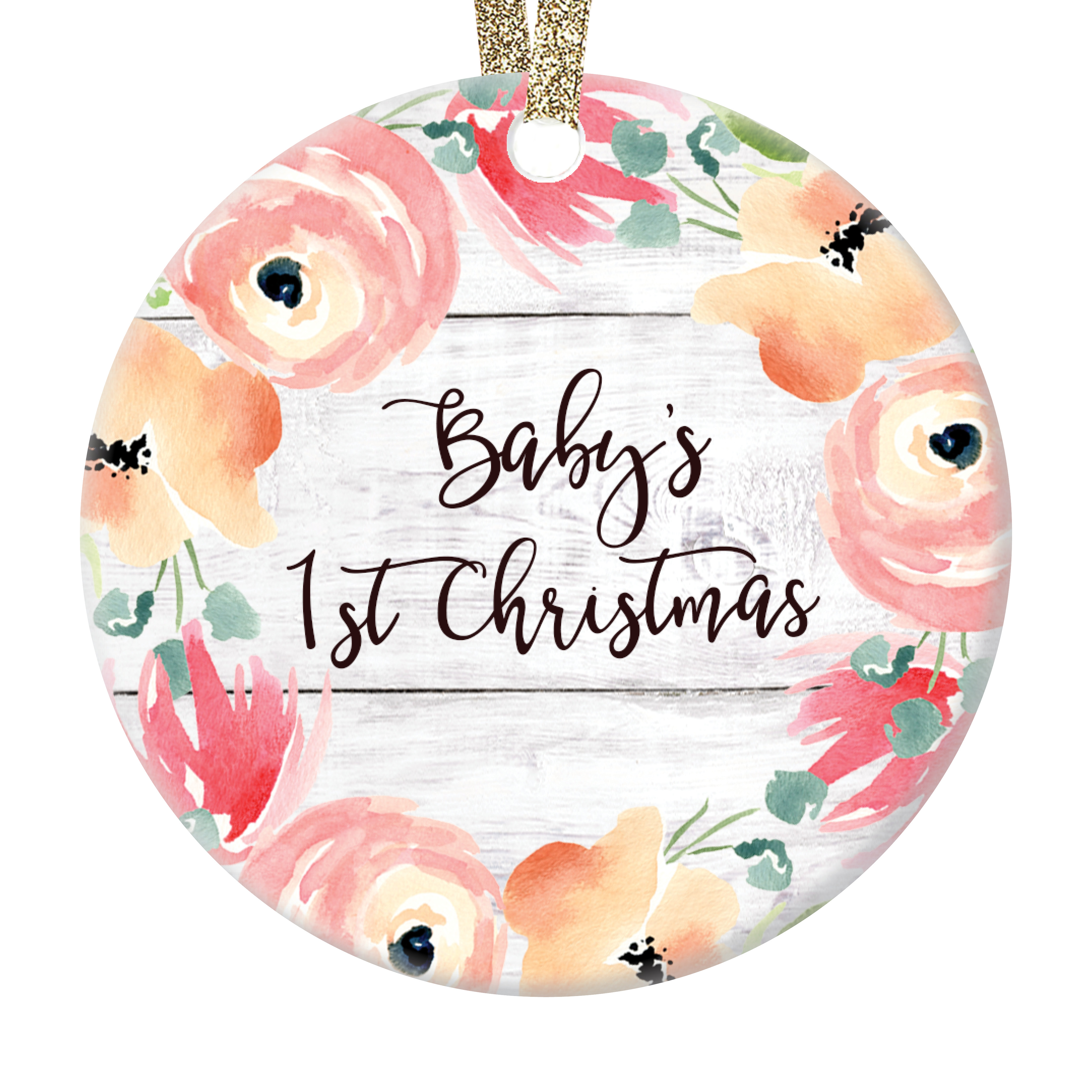 DIGIBUDDHA Baby's First Christmas Ornament, Newborn 1st Baby Girl Little Girls Xmas Decoration for New Parents Flower Baby Shower Ceramic 3" Flat Circle Porcelain with Ribbon & Box | OR00483 - image 1 of 2
