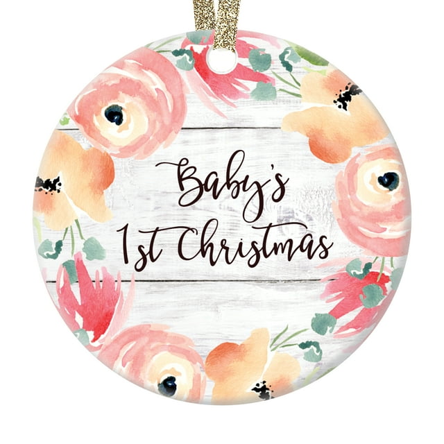 DIGIBUDDHA Baby's First Christmas Ornament, Newborn 1st Baby Girl Little Girls Xmas Decoration for New Parents Flower Baby Shower Ceramic 3" Flat Circle Porcelain with Ribbon & Box | OR00483