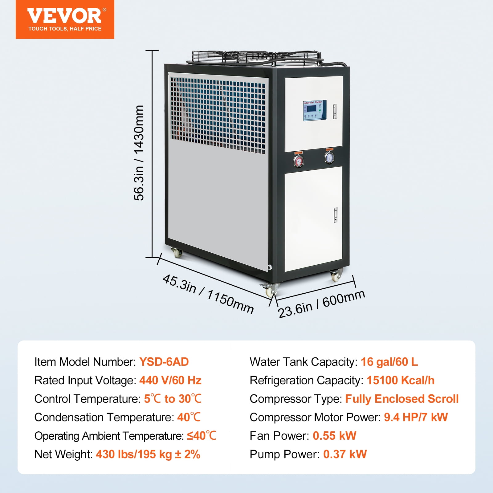 KFFKFF Air-cooled Industrial Water Chiller 9.4HP 16 Gal 60L for Cooling Water