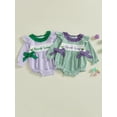 thumbnail image 3 of BemeyourBBs Newborn Baby Girl Mardi Gras Outfit Striped Plaid Bubble Romper Spring Summer Carnival Clothes Bow Front Ruffle Long Sleeve Bodysuit, 3 of 9
