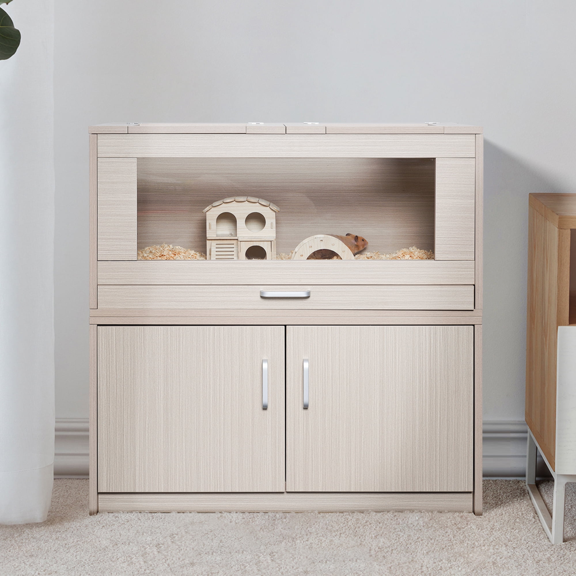 Pefilos 33" Guinea Pig Hutch with Independent Storage Cabinet, Wood Hamster Cage with Hideout, Rat House Cage Openable Top, Light Beige