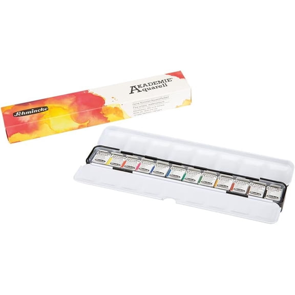 Schmincke - Akademie® Aquarell Slim, Compact Metal Box with 12 fine Watercolor Paints, 75769097, Painting Set, Travel Box, for Painting on The go, 12 x 1/2 Pans